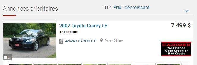 Toyota Camry LE tout équiper bas millage 1000,76 KL en parfaite conditions 